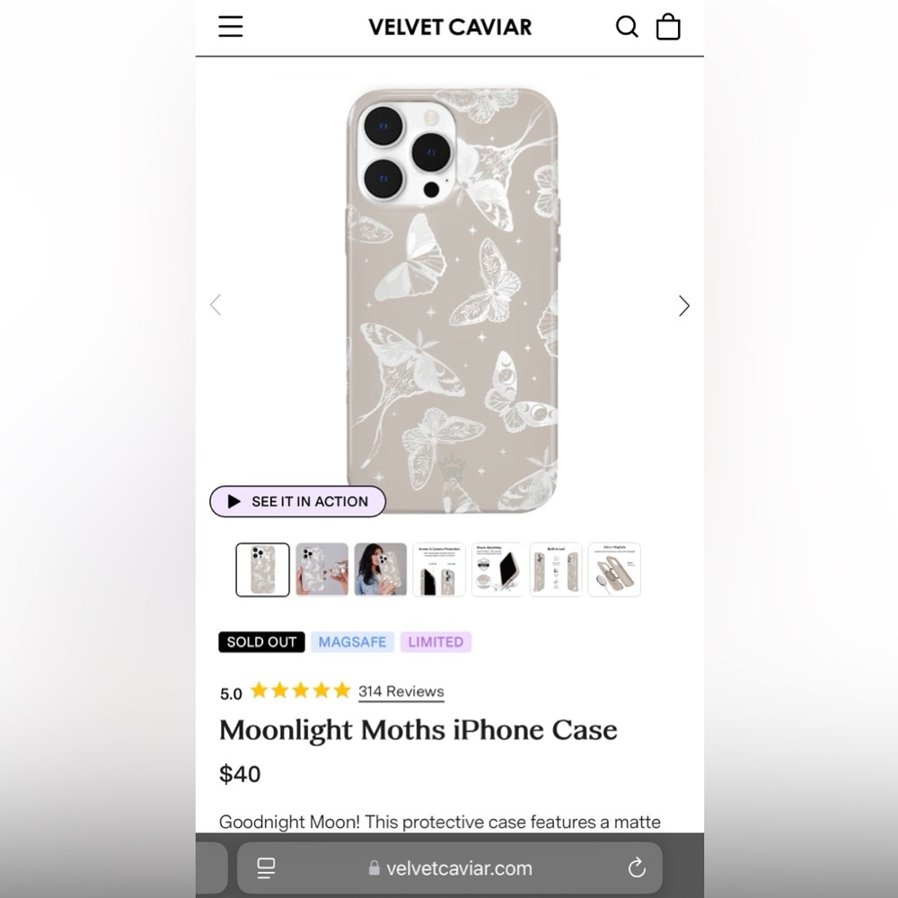 SOLD OUT PRINT Velvet Caviar Magsafe Moonlight Moths iPhone 13 Pro Max Case.